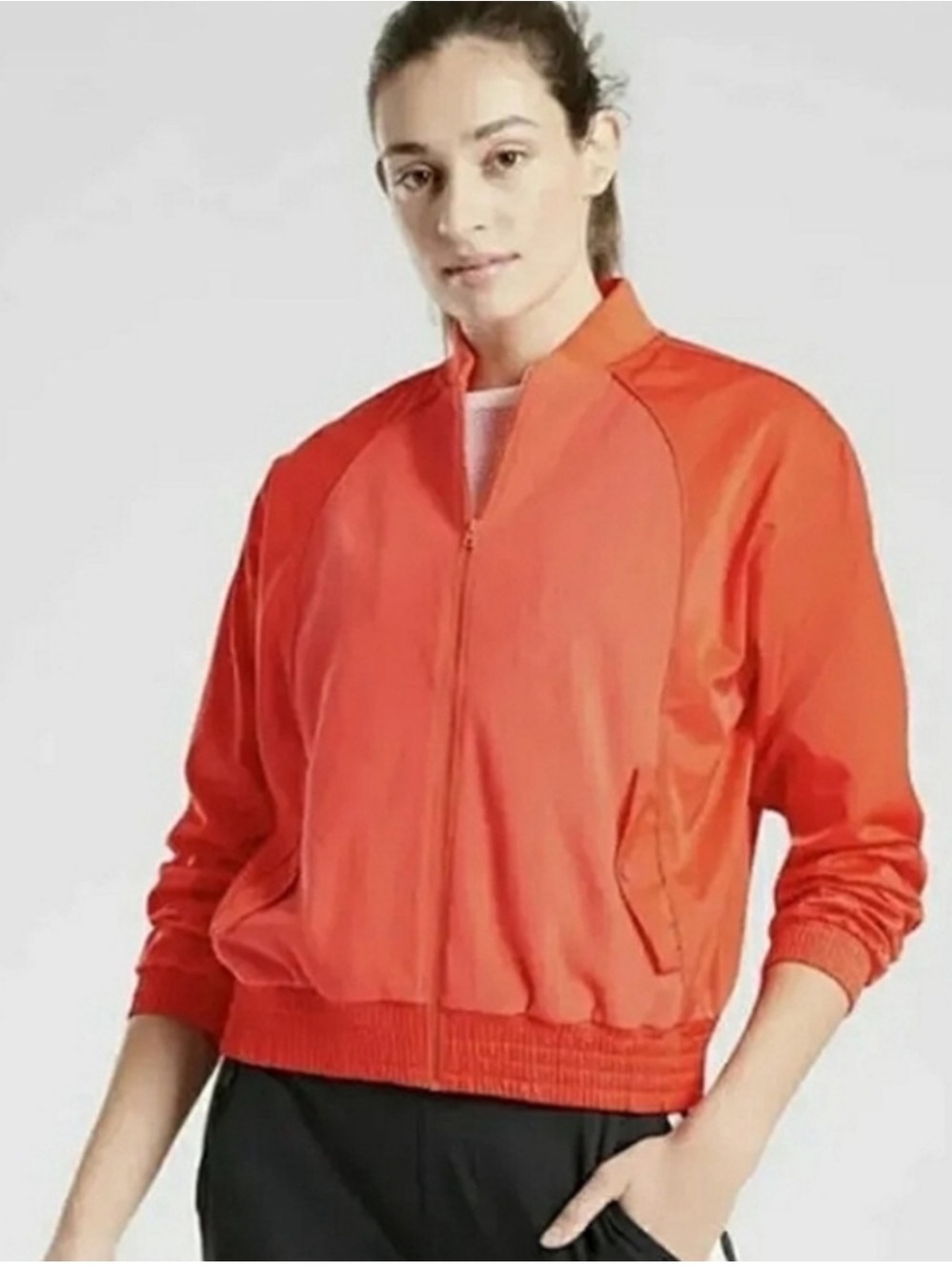 Athleta Zion Micro fleece Full Zip Bomber Jacket Size Small Torch Red Orange.